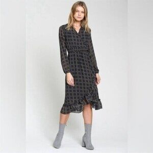 DRA CICERO DRESS - NAVY PRINT Windowpane Wrap Long Sleeve Midi Size Small